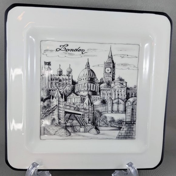 London Brunelli Cities Salad Plate Square 7.5” Made In Italy Black White Read - Picture 3 of 8